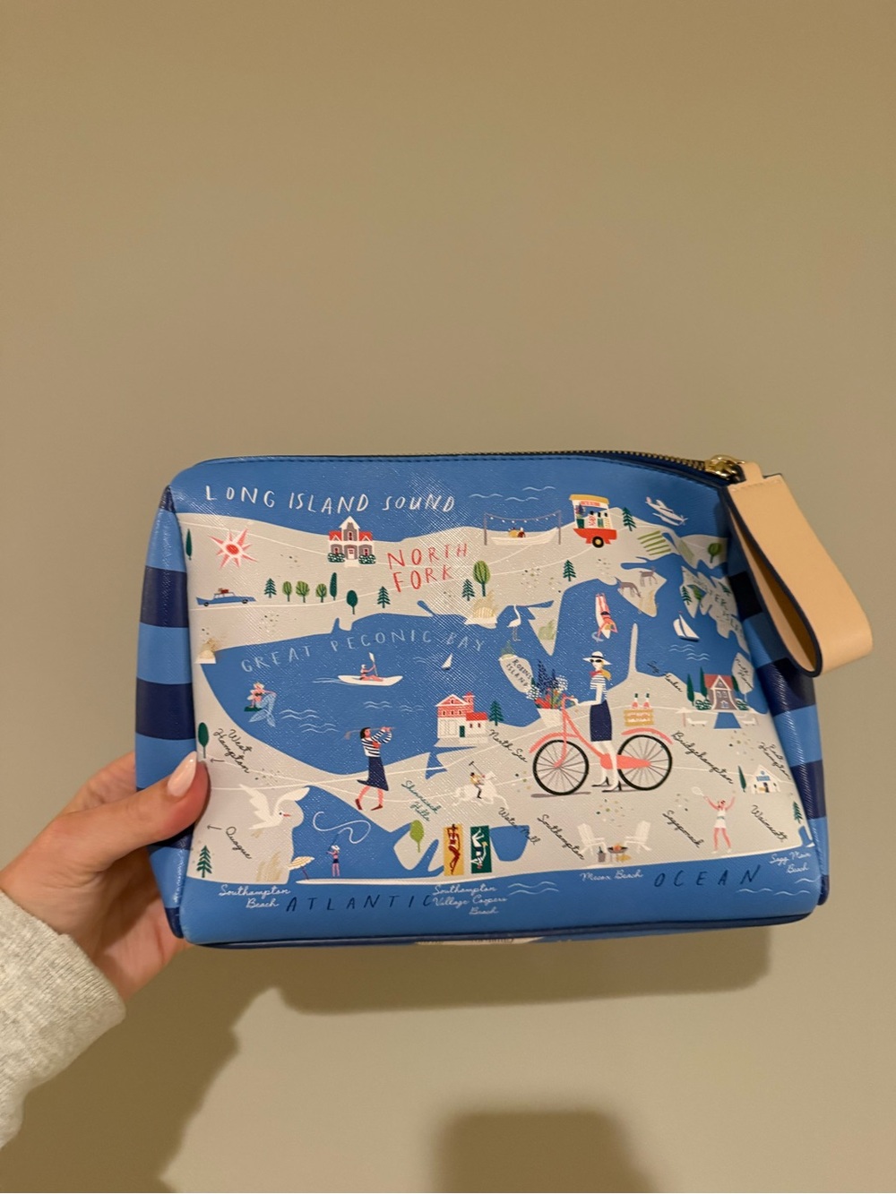 Spartina 449 Blue Coastal Map Cosmetic Pouch with Tan Zip Pull